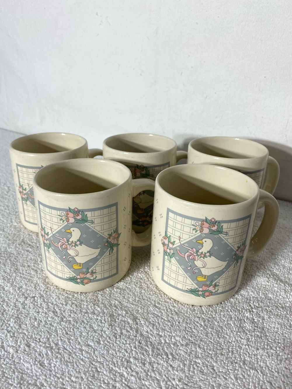Vintage 1980s Country Ribbon Geese Pastel Plaid Bow Coffee Mugs X5 Cottagecore